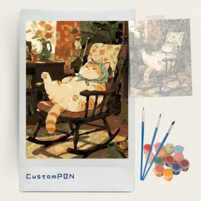 Tabby cat in a rocking chair paint by numbers kit with brushes and paints