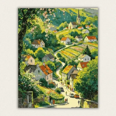 Terraced flower village on a spring hillside paint by numbers finished canvas