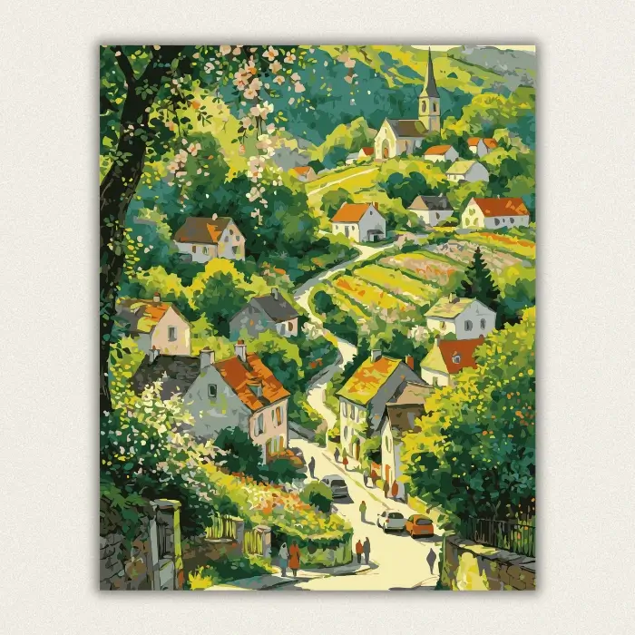Terraced flower village on a spring hillside paint by numbers finished canvas