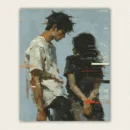Two young figures standing in silence against grey paint by numbers finished canvas