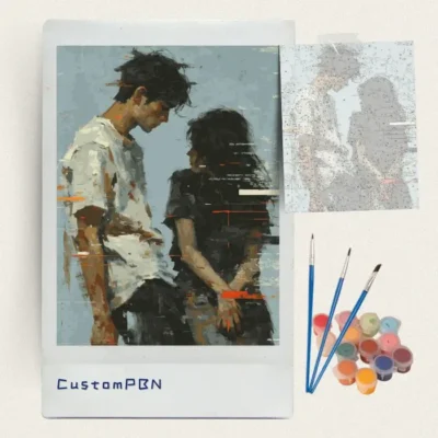 Two figures standing in silence paint by numbers kit with brushes and paints