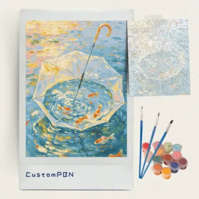 Umbrella full of goldfish paint by numbers kit with brushes, paints and canvas