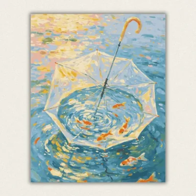 White umbrella holding a pool of goldfish paint by numbers finished canvas